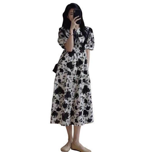 歐洲站2025新款桔梗法式裙子長裙子高級感收腰顯瘦碎花連衣裙女夏