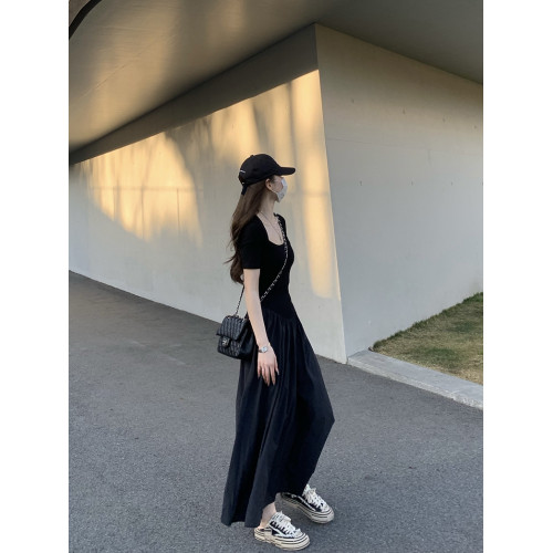 高個子加長黑色短袖連衣裙女夏款方領氣質超長款大擺裙高級感長裙