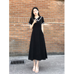 氣質娃娃領黑色連衣裙女2025夏季新款法式收腰顯瘦高級感復古長裙