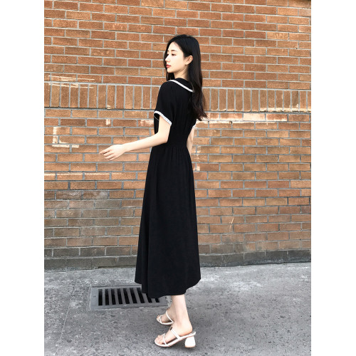 氣質娃娃領黑色連衣裙女2025夏季新款法式收腰顯瘦高級感復古長裙