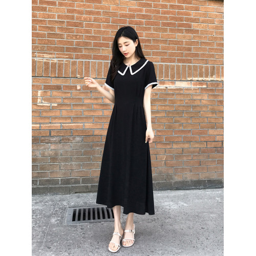 氣質娃娃領黑色連衣裙女2025夏季新款法式收腰顯瘦高級感復古長裙