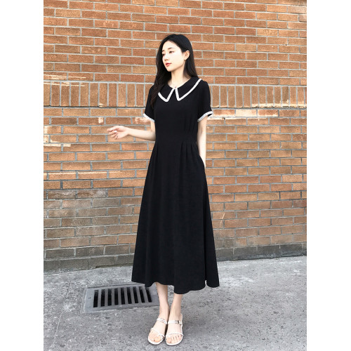 氣質娃娃領黑色連衣裙女2025夏季新款法式收腰顯瘦高級感復古長裙