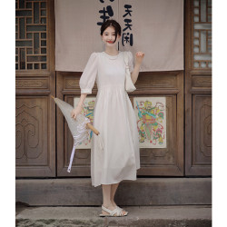 歐洲站夏裝女2025年新款茶歇法式赫本風長裙高級感褶皺白色連衣裙