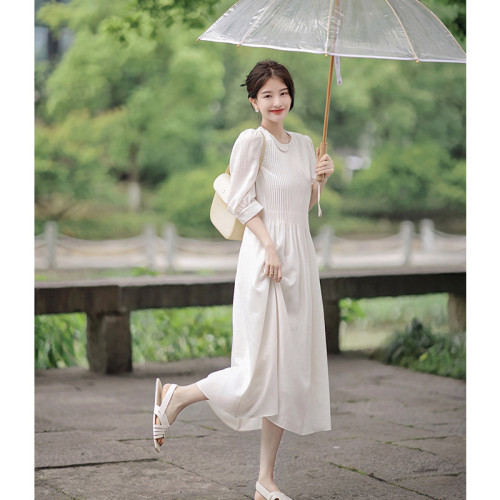 歐洲站夏裝女2025年新款茶歇法式赫本風長裙高級感褶皺白色連衣裙