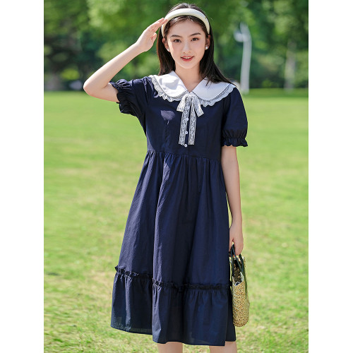 高中生裙子2025新款夏季初中女生學院風學生少女氣質感過膝連衣裙