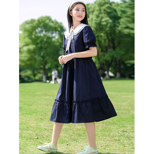 高中生裙子2025新款夏季初中女生學院風學生少女氣質感過膝連衣裙