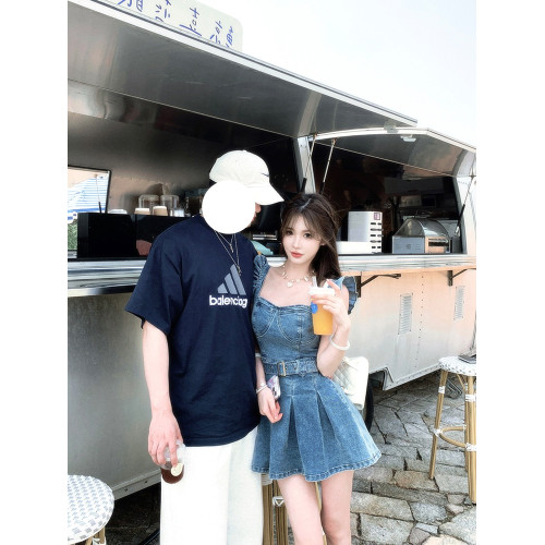牛仔藍色吊帶連衣裙女法式收腰顯瘦復古小個子設計感小衆短裙夏季