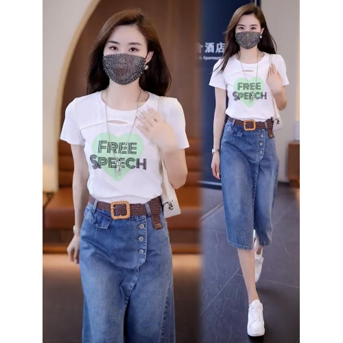裙褲減齡漂亮洋氣質套裝上衣女夏高級感配半身裙假兩件牛仔連衣裙