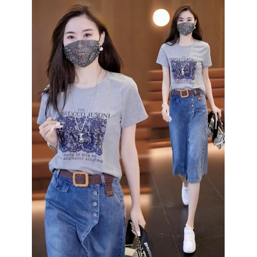 裙褲減齡漂亮洋氣質套裝上衣女夏高級感配半身裙假兩件牛仔連衣裙