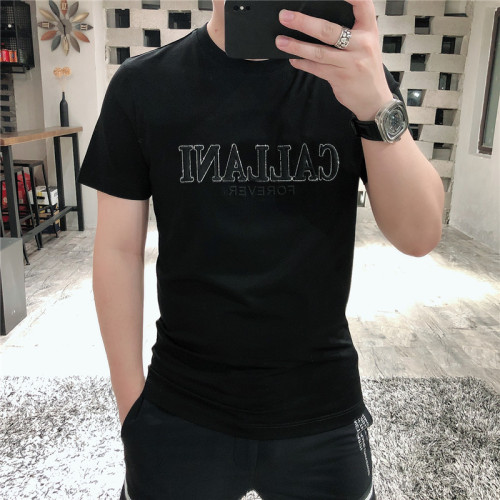 玉蠶絲短袖男t恤夏季圓領純色字母矽膠潮牌修身男裝燙鑽大碼體恤