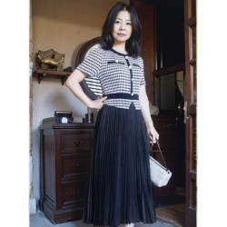 短袖褶連衣裙女小香風長款彈力顯瘦百褶裙時尚氣質減齡夏季新款