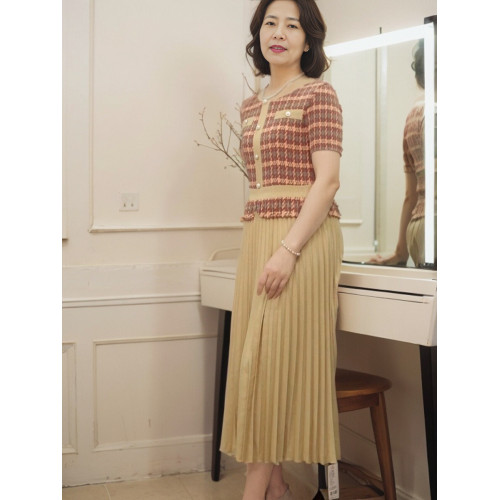 短袖褶連衣裙女小香風長款彈力顯瘦百褶裙時尚氣質減齡夏季新款