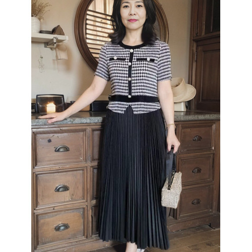 短袖褶連衣裙女小香風長款彈力顯瘦百褶裙時尚氣質減齡夏季新款