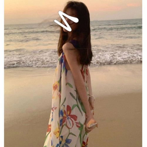 夏季碎花吊帶連衣裙氣質長裙海邊度假沙灘裙超仙三亞泰國旅遊拍照