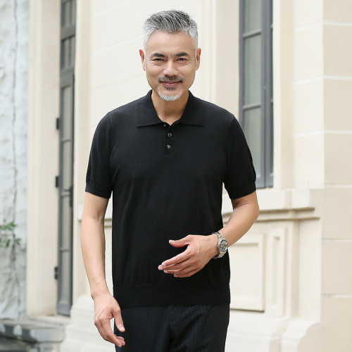 阿絨源秋冬新品純羊絨男T恤小翻領套頭純色短袖精紡超薄貼身半袖