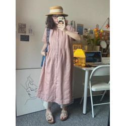 拾光者 日系亞麻muji風藕粉色連衣裙夏季寬松慵懶風中長款裙子女