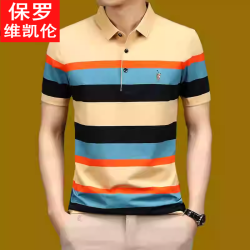 保羅夏季短袖男T恤寬松薄款冰絲棉休閒半袖桑蠶絲翻領條紋POLO衫