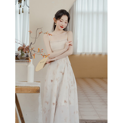 清冷新中式國風禪意印花吊帶裙子法式吊帶茶歇連衣裙女夏季高級感