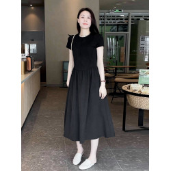 Mayya Plus短袖連衣裙女夏季新款黑色赫本風收腰顯瘦中長款A字裙