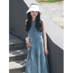 夏日多巴胺穿搭梨型身材法式高級感茶歇桔梗背心裙亞麻無袖連衣裙