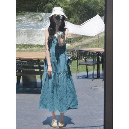 夏日多巴胺穿搭梨型身材法式高級感茶歇桔梗背心裙亞麻無袖連衣裙