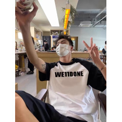 WE11DONE WHITE字母標語拼接情侶夏季復古插肩短袖高街純棉男T恤