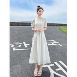 白色新中式連衣裙女夏季2025新款國風盤釦收腰顯瘦高貴典雅氣質