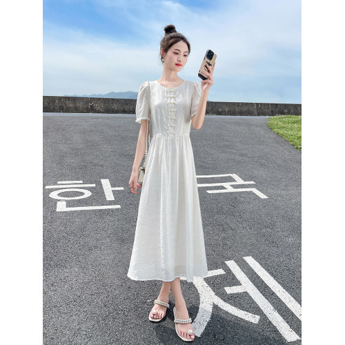 白色新中式連衣裙女夏季2025新款國風盤釦收腰顯瘦高貴典雅氣質
