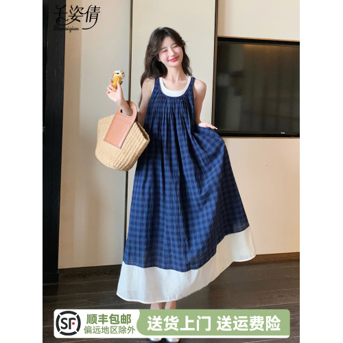 藍色格子無袖連衣裙法式文藝風森系復古小清新度假吊帶背心長裙