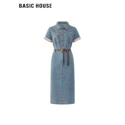 百家好/Basic House翻領拼接袖口腰帶款牛仔短袖連衣裙女復古長裙