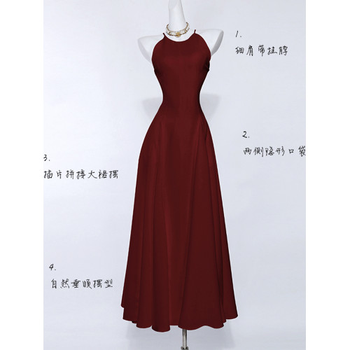 紅色掛脖連衣裙女夏吊帶法式小衆絕美訂婚禮服裙赫本小紅裙高級感