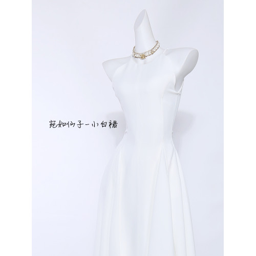 紅色掛脖連衣裙女夏吊帶法式小衆絕美訂婚禮服裙赫本小紅裙高級感