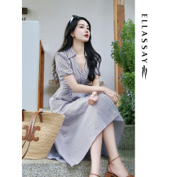 ELLASSAY歌力思春夏新款棉感法式氣質通勤出遊條紋收腰連衣裙女