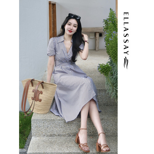 ELLASSAY歌力思春夏新款棉感法式氣質通勤出遊條紋收腰連衣裙女