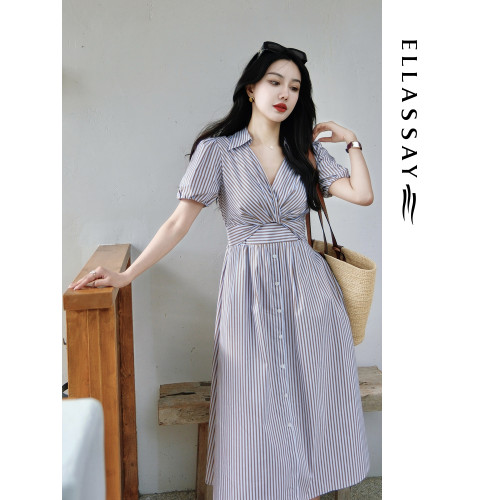 ELLASSAY歌力思春夏新款棉感法式氣質通勤出遊條紋收腰連衣裙女
