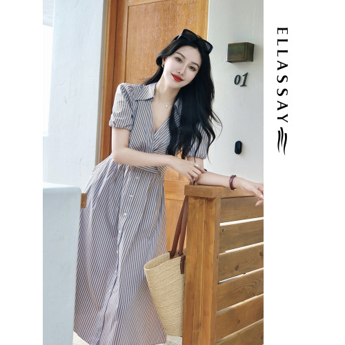 ELLASSAY歌力思春夏新款棉感法式氣質通勤出遊條紋收腰連衣裙女