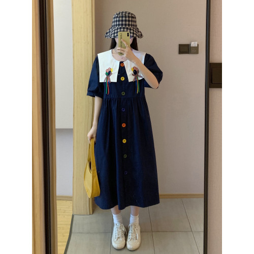 學院風減齡可愛寬松大碼胖mm遮肚顯瘦藏肉200斤中長款連衣裙女夏
