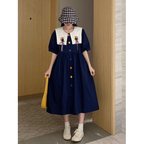 學院風減齡可愛寬松大碼胖mm遮肚顯瘦藏肉200斤中長款連衣裙女夏