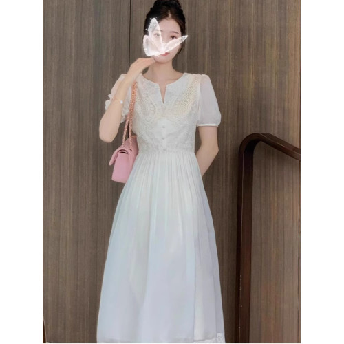 歐洲站2025新款輕奢女裝高級感氣質長裙茶歇法式白色連衣裙女夏季