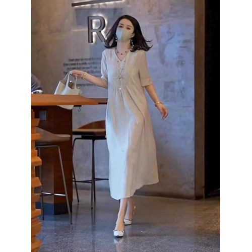 歐洲站2025新款輕奢女裝高級感名媛氣質長裙寬松顯瘦白色連衣裙夏