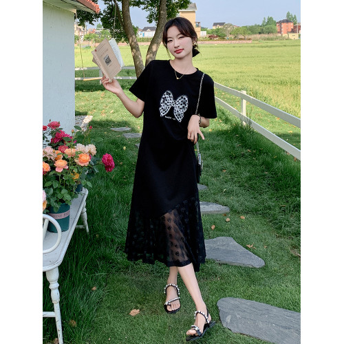 黑色大碼連衣裙女夏寬松胖mm顯瘦遮肚藏肉減齡拼接長款T恤魚尾裙