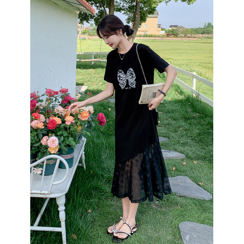 黑色大碼連衣裙女夏寬松胖mm顯瘦遮肚藏肉減齡拼接長款T恤魚尾裙