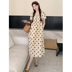 韓版短袖棉麻波點連衣裙女夏2025新款小個子寬松遮肚氣質顯瘦長裙