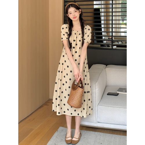 韓版短袖棉麻波點連衣裙女夏2025新款小個子寬松遮肚氣質顯瘦長裙