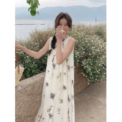 絕美超仙白色無袖薄紗連衣裙女夏法式氣質溫柔風海邊度假背心裙子