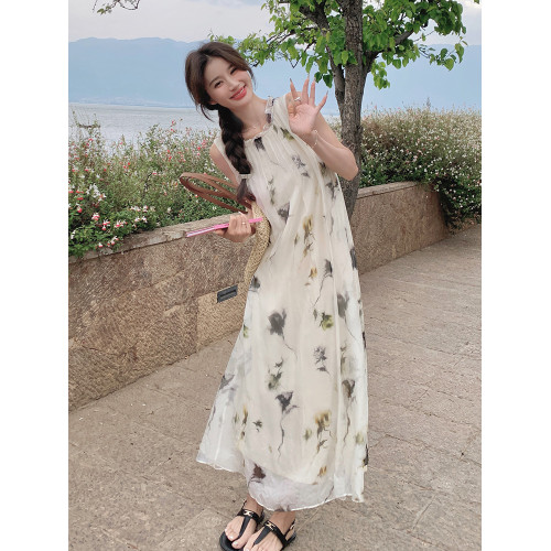 絕美超仙白色無袖薄紗連衣裙女夏法式氣質溫柔風海邊度假背心裙子