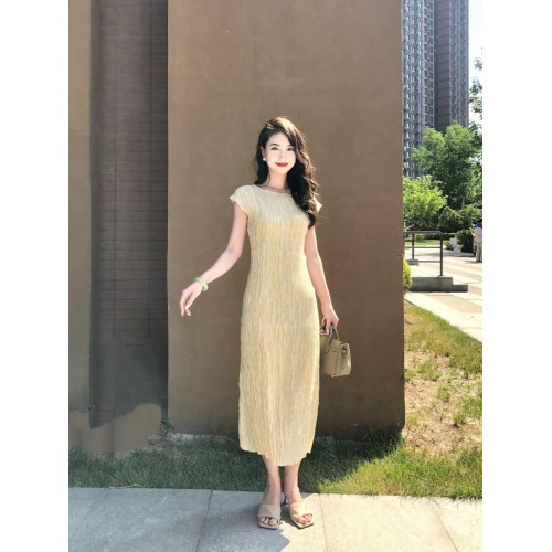 歐洲站2025新款法式顯瘦絕美長裙氣質高級感褶皺黃色連衣裙女夏季
