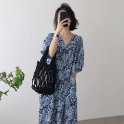 韓國chic2025夏季新款寬松顯瘦法式復古氣質v領碎花雪紡連衣裙女