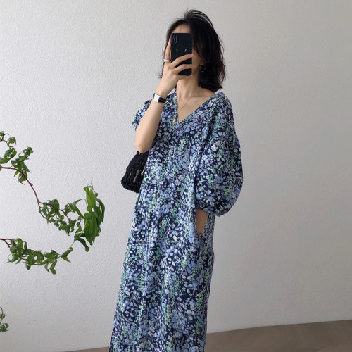 韓國chic2025夏季新款寬松顯瘦法式復古氣質v領碎花雪紡連衣裙女