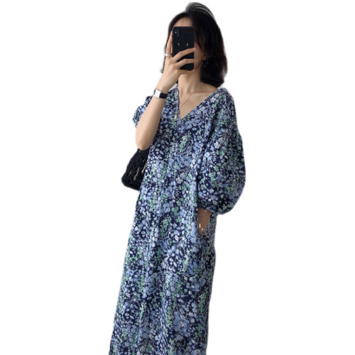 韓國chic2025夏季新款寬松顯瘦法式復古氣質v領碎花雪紡連衣裙女